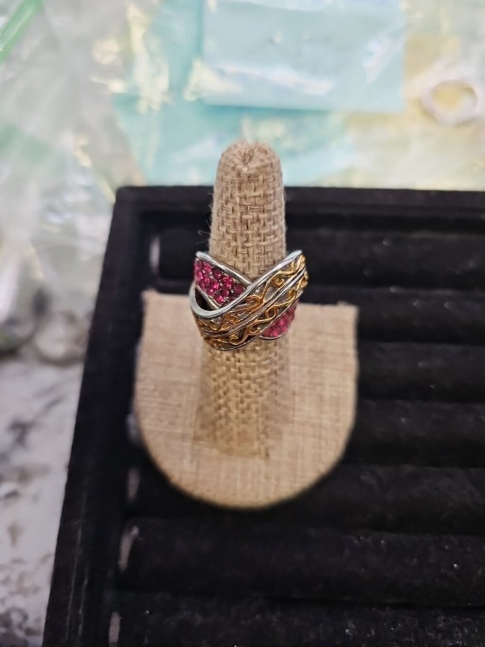 Ring Size 6.75 Criss Cross Band Pink Sapphires Silvertone & Goldtone Needs...